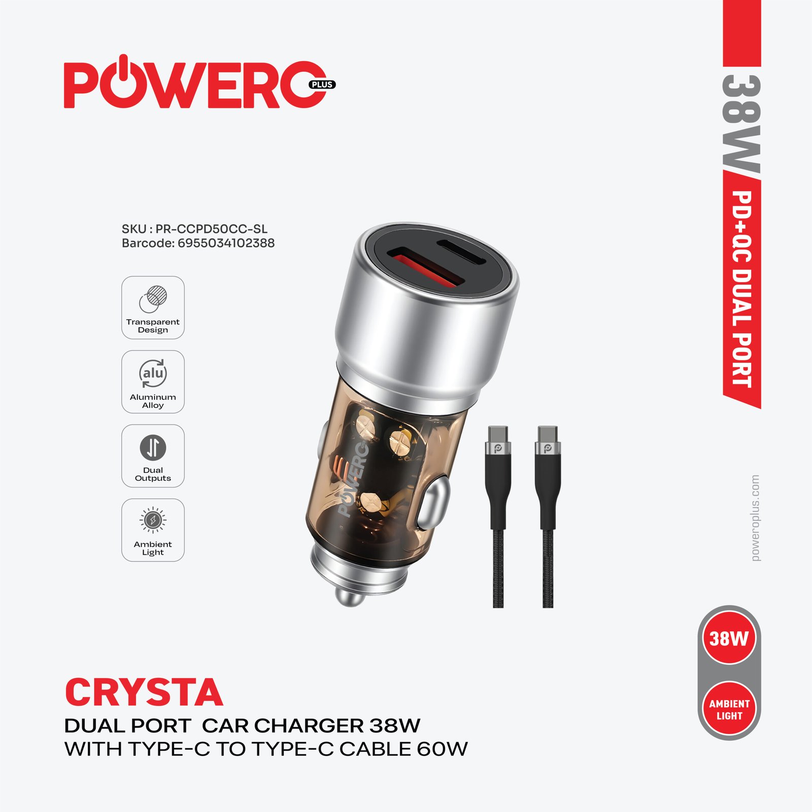 Crysta Dual Port Car Charger 38W Includes Braided Type-C to Type-C Cable 60W
