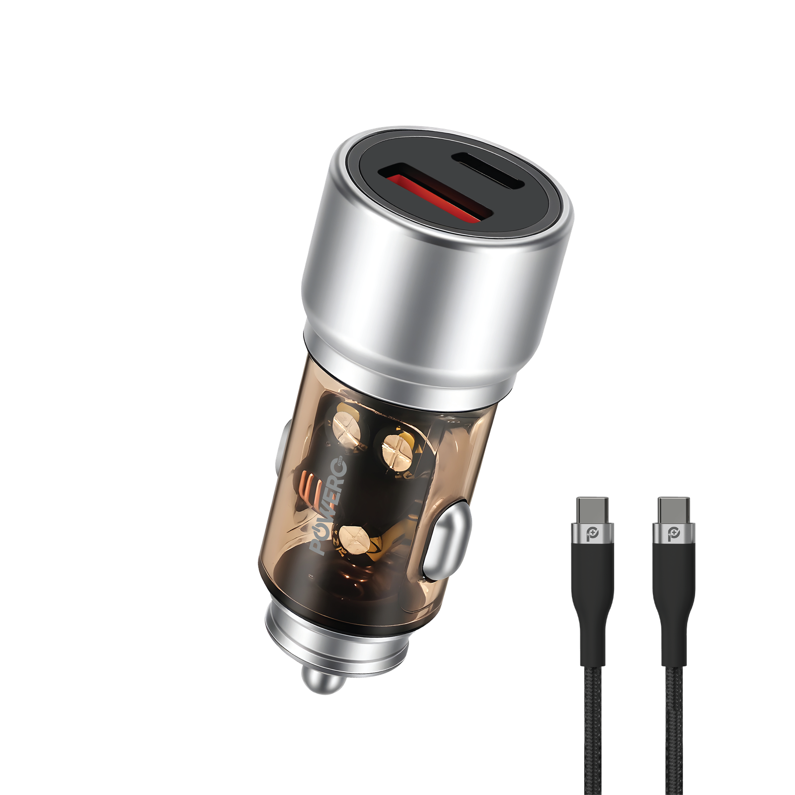 Crysta Dual Port Car Charger 38W Includes Braided Type-C to Type-C Cable 60W