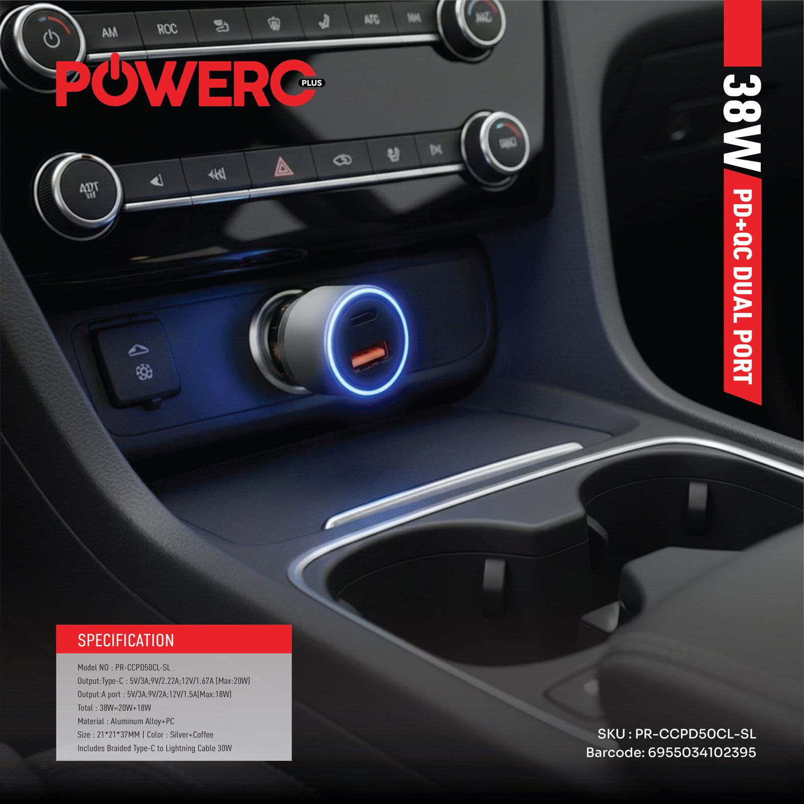 Crysta Dual Port Car Charger 38W Includes Braided Type-C to Lightning Cable 30W