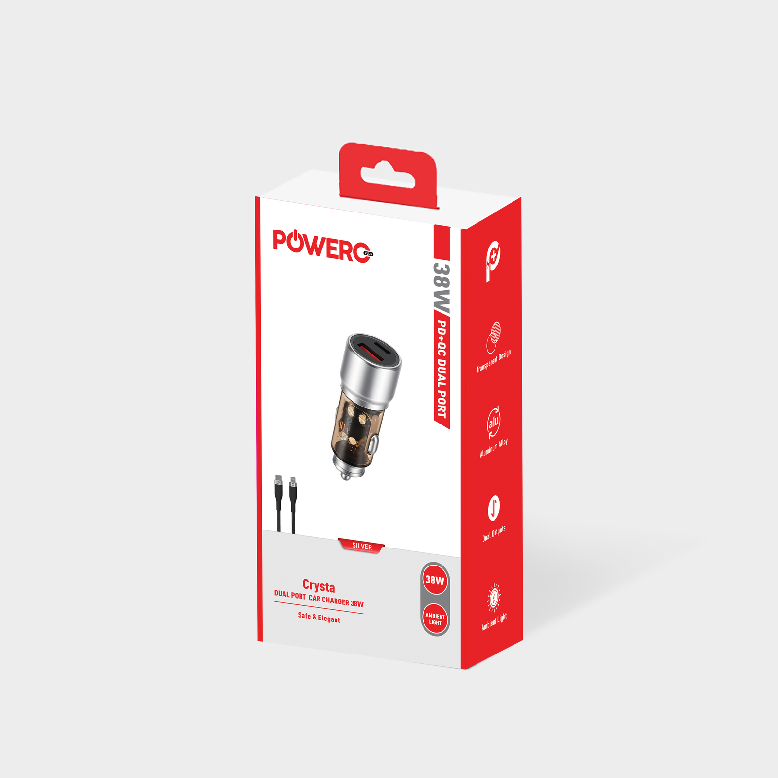 Crysta Dual Port Car Charger 38W Includes Braided Type-C to Lightning Cable 30W